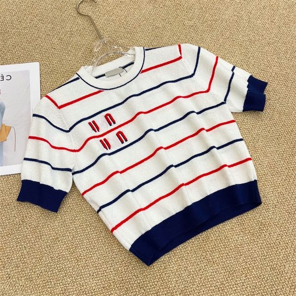 2022 summer new chic embroidered short sleeve t-shirt style knitted round neck striped top, White;black
2022 summer new chic embroidered short sleeve t-shirt style knitted round neck striped top, White;black