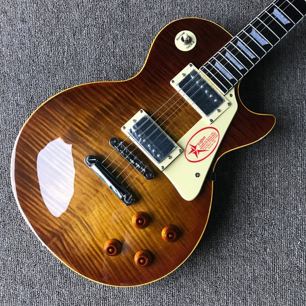rosewood fingerboard electric guitar, chrome hardware,yellow binding, tobacco burst, flame maple solid mahogany body guitar, 001
rosewood fingerboard electric guitar, chrome hardware,yellow binding, tobacco burst, flame maple solid mahogany body guitar, 001
