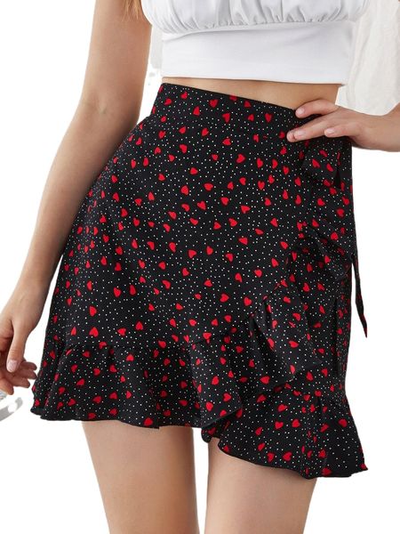 allover heart ruffle knot wrap skirt x97c#, Black