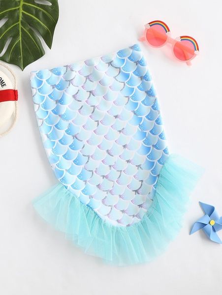 toddler girls fish scale print contrast mesh mermaid tail skirt she, Blue 
toddler girls fish scale print contrast mesh mermaid tail skirt she, Blue