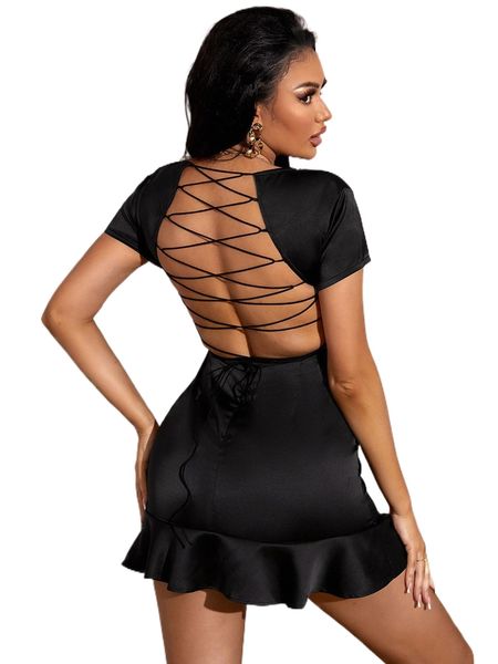 sxy plunging neck crisscross back ruffle hem satin dress y18u#, Black;gray
sxy plunging neck crisscross back ruffle hem satin dress y18u#, Black;gray