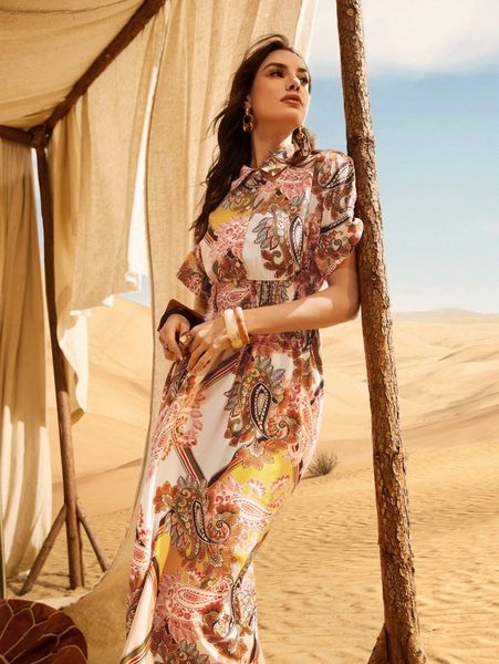 paisley print shirred waist shirt dress v5sh#, Black;gray