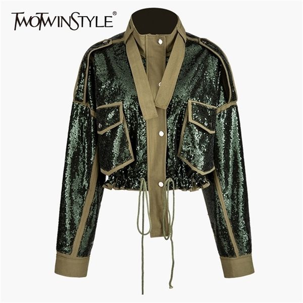 twotyle patchwork sequins lace up womens coats turtleneck long sleeve hit color jacket for female fashion clothes y201012, Black;brown
twotyle patchwork sequins lace up womens coats turtleneck long sleeve hit color jacket for female fashion clothes y201012, Black;brown
