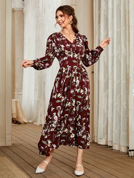 floral print bishop sleeve dress i0qp#, Black;gray 
floral print bishop sleeve dress i0qp#, Black;gray