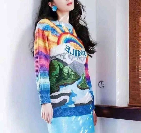 women's knits tees autumn and winter celebrities women's clothing rainbow landscape embroidery round neck stripe sweater women, White
women's knits tees autumn and winter celebrities women's clothing rainbow landscape embroidery round neck stripe sweater women, White