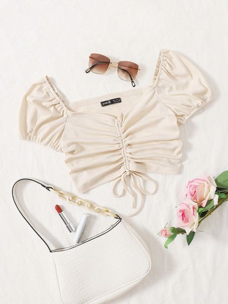 ruched bust drawstring puff sleeve rib-knit tee v96h#, White
ruched bust drawstring puff sleeve rib-knit tee v96h#, White