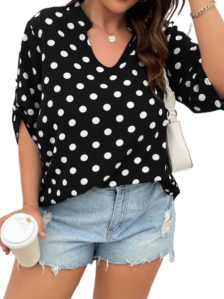 plus polka dot roll tab sleeve popover blouse g4wz#, Black