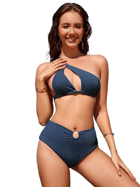 ring linked one shoulder bikini swimsuit q1no#, White;black 
ring linked one shoulder bikini swimsuit q1no#, White;black