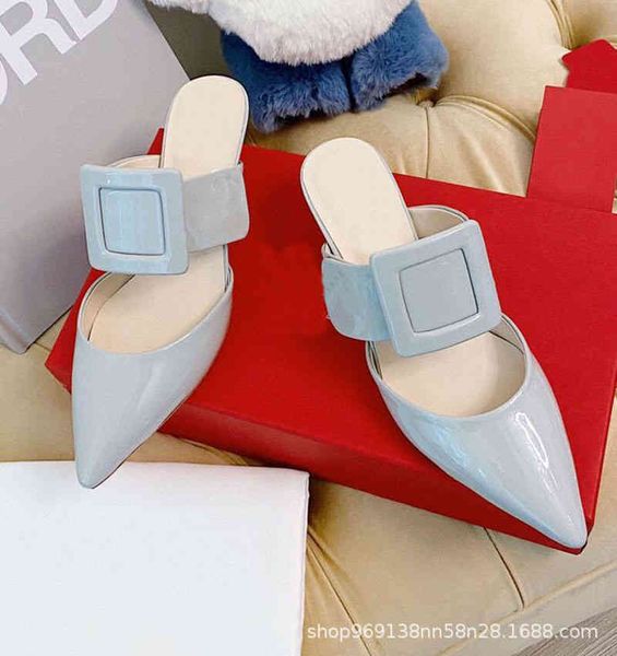 sandals summer fashion pointed patent leather solid color square button baotou middle heel thick women wearing korean slippers, Black
sandals summer fashion pointed patent leather solid color square button baotou middle heel thick women wearing korean slippers, Black
