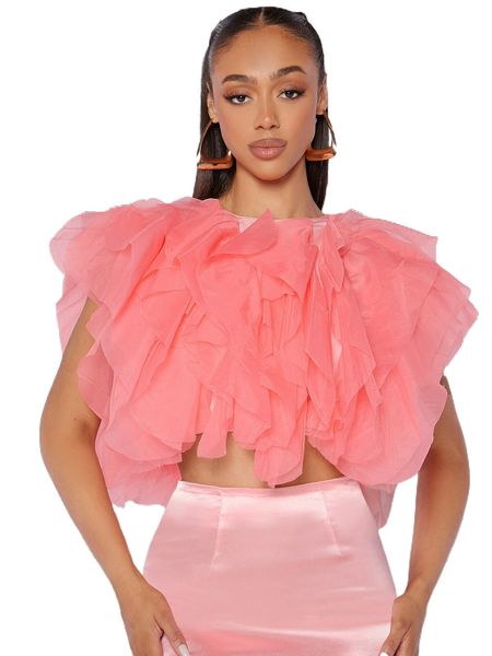 exaggerated ruffle mesh tie back 94bp#, White