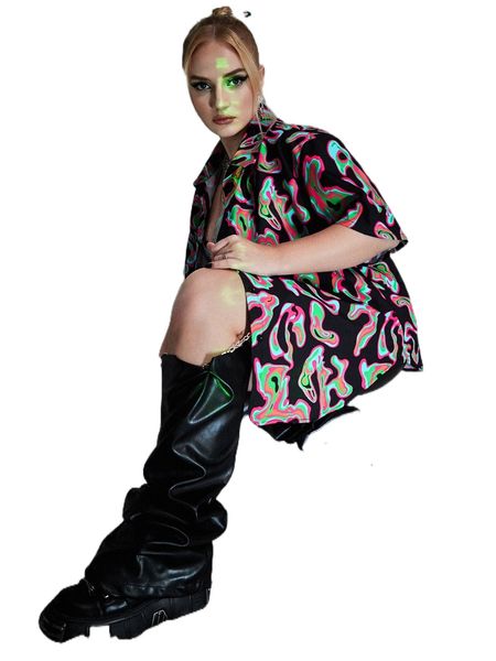 plus allover print drop shoulder button up shirt f8og#, Black