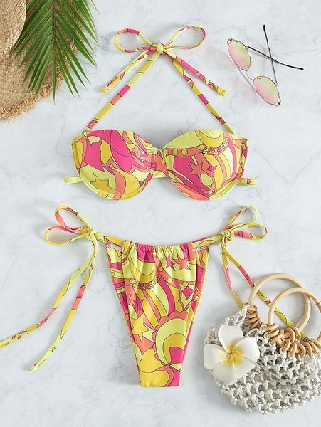floral print underwire tie side bikini swimsuit b9y0#, White;black
