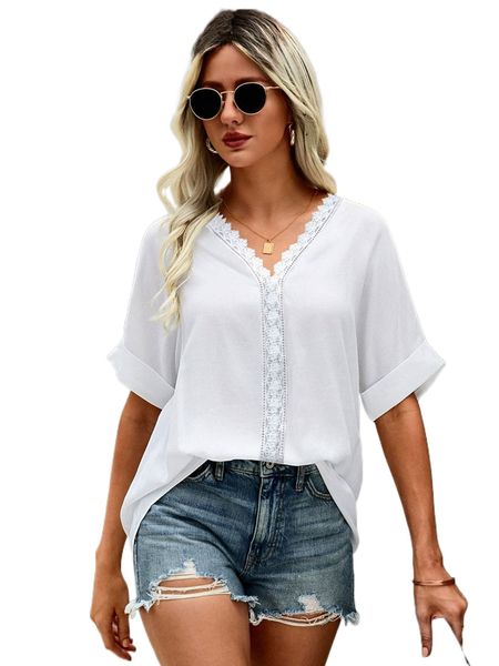 guipure lace insert batwing sleeve blouse b8wh#, White
guipure lace insert batwing sleeve blouse b8wh#, White