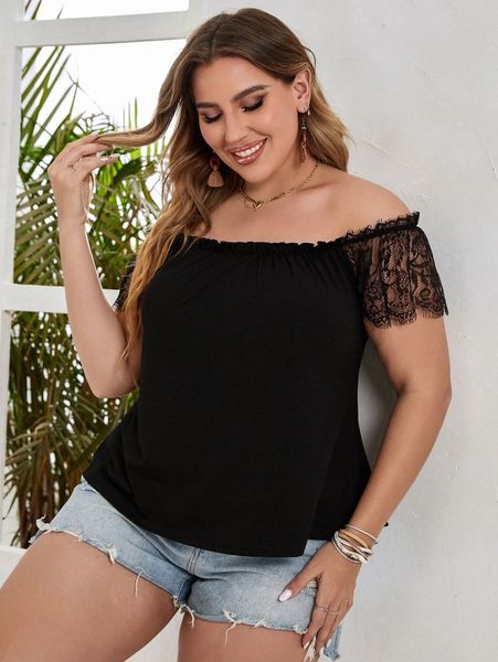 plus contrast lace off shoulder t-shirt p1nb#, Black