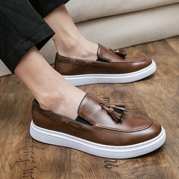 men vulcanize shoes pu leather fringe brown loafers solid slip on sneakers shoes for men with men shoes, Black
men vulcanize shoes pu leather fringe brown loafers solid slip on sneakers shoes for men with men shoes, Black