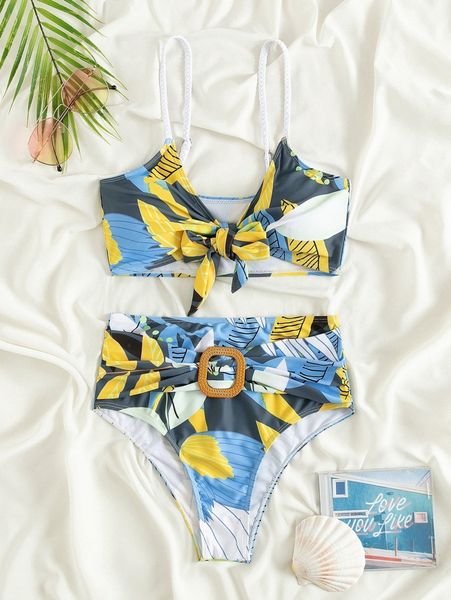 allover print belted knot front bikini swimsuit p00y#, White;black 
allover print belted knot front bikini swimsuit p00y#, White;black