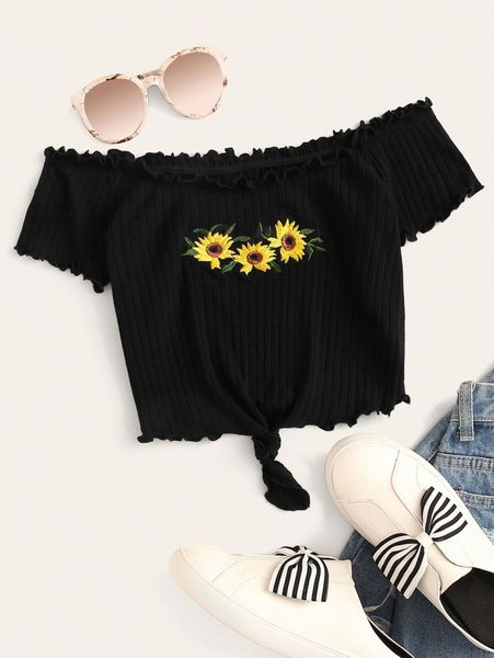 embroidered sunflower lettuce trim rib-knit bardot z57h#, White
embroidered sunflower lettuce trim rib-knit bardot z57h#, White