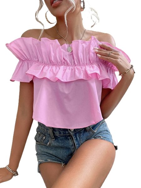 off shoulder ruffle trim blouse a7o4#, White