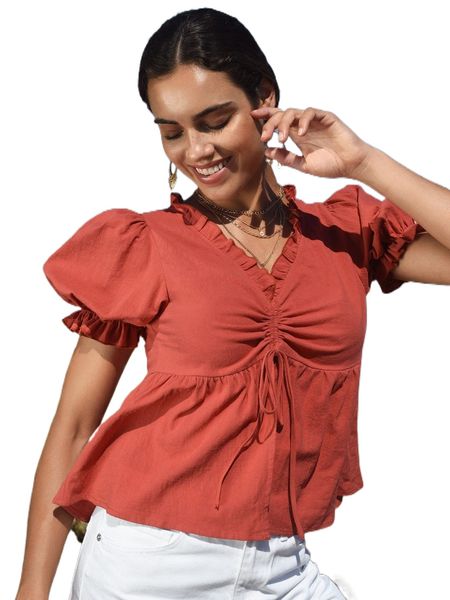 puff sleeve drawstring front peplum blouse a55c#, White
puff sleeve drawstring front peplum blouse a55c#, White