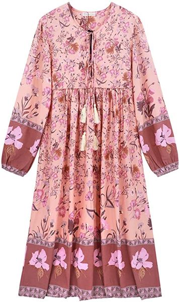 & tees women's long sleeve floral print vintage v-neck flowing mesopotamian mid length dress, White
& tees women's long sleeve floral print vintage v-neck flowing mesopotamian mid length dress, White