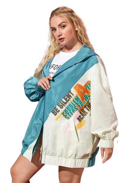 plus slogan graphic colorblock drop shoulder zipper hooded jacket k0kl#, Black 
plus slogan graphic colorblock drop shoulder zipper hooded jacket k0kl#, Black