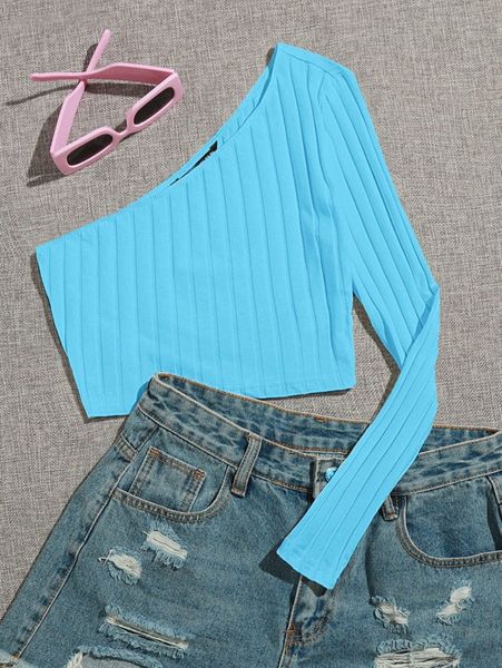 one shoulder rib-knit crop j2ke#, White