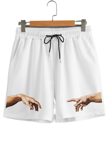 men hands print drawstring waist shorts z3hi#, White;black 
men hands print drawstring waist shorts z3hi#, White;black