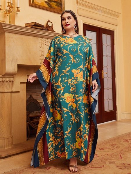 plus baroque print batwing sleeve dress 473q#, Black