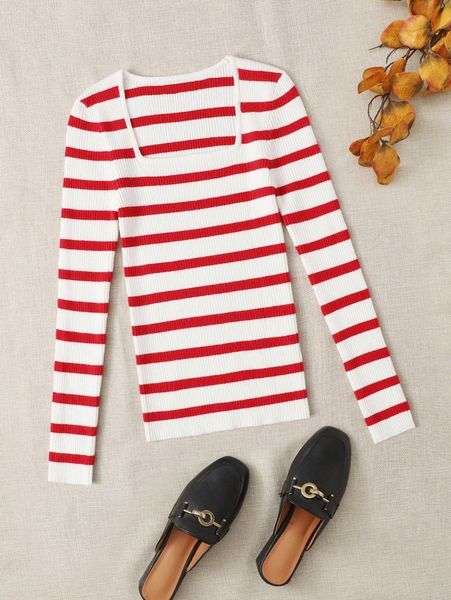 stripe pattern square neck sweater p9dz#, White;black
