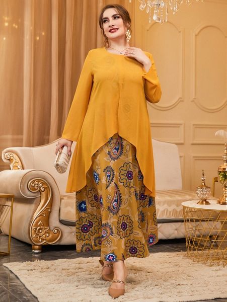 plus paisley scarf print two layered hem dress 498h#, Black 
plus paisley scarf print two layered hem dress 498h#, Black