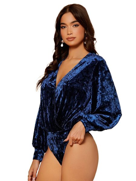 surplice neck lantern sleeve velvet bodysuit i9jx#, White