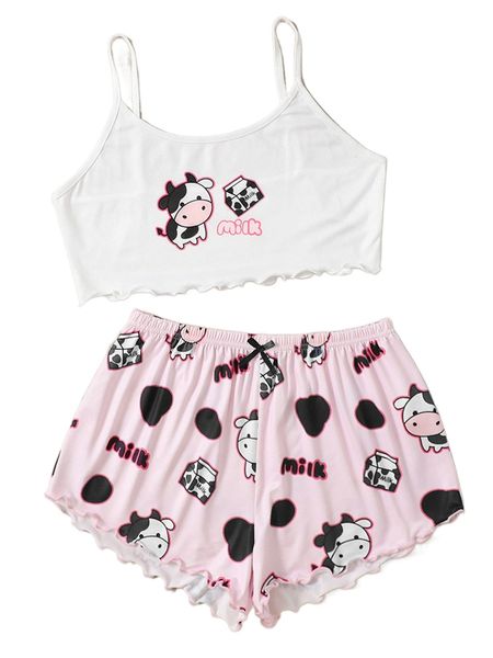 cartoon & letter print lettuce trim pajama set t2iv#, Black;red