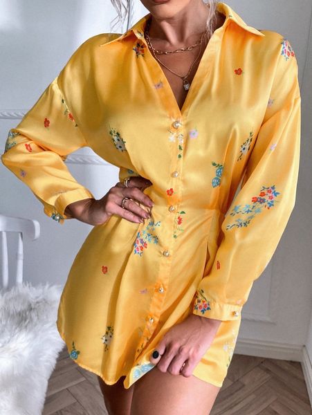 floral print button up v neck drop shoulder dress y72b#, Black;gray