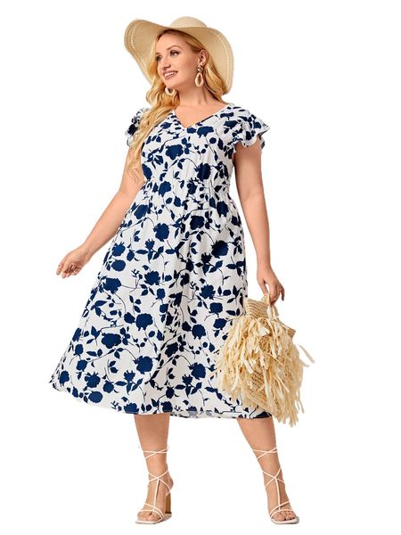 plus 1pc floral print ruffle sleeve dress 41yu#, Black
plus 1pc floral print ruffle sleeve dress 41yu#, Black