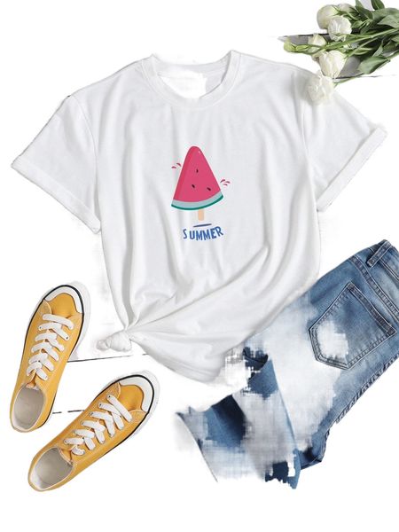 watermelon and letter graphic tee 07d1#, White