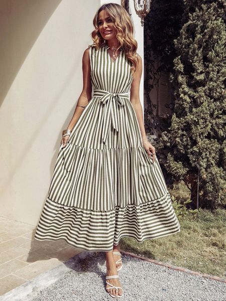 striped notched neck ruffle hem belted dress c9rh#, Black;gray