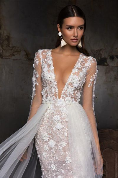 ivory mermaid wedding dresses appliques sequins long sleeve v neck lace ruffles wedding gown sweep length detachable train bridal bridesmaid, White
ivory mermaid wedding dresses appliques sequins long sleeve v neck lace ruffles wedding gown sweep length detachable train bridal bridesmaid, White
