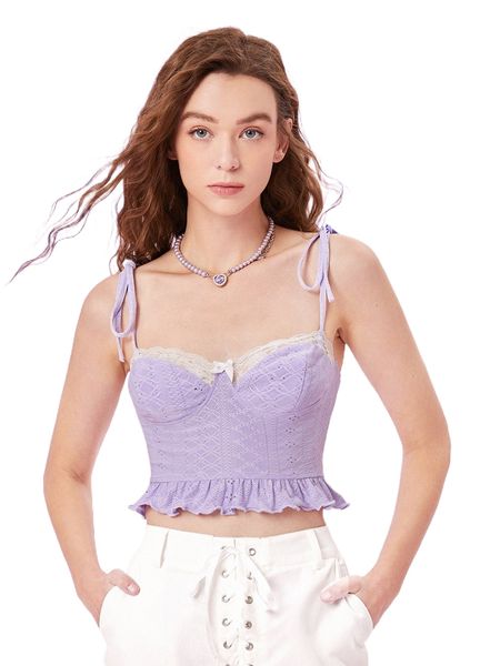 mod eyelet embroidery lace trim tie shoulder ruffle hem crop cami u8yq#, White