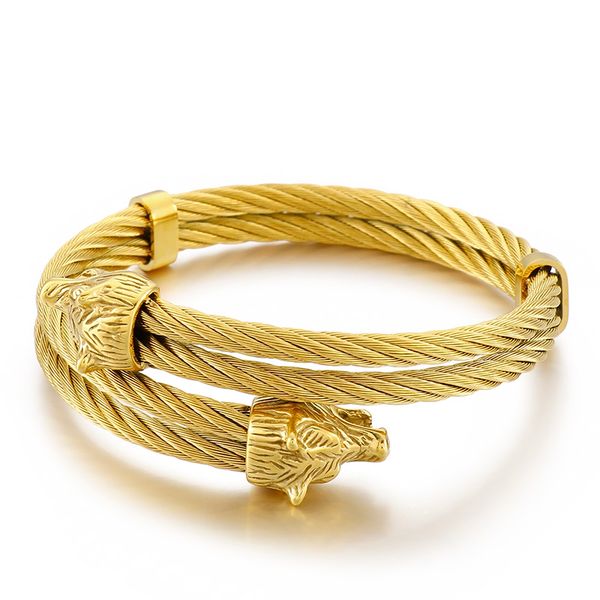men's double wolf head bracelet bangle stainless steel layer wire twist cord cuff jewelry gold / silver/ black adjustable
men's double wolf head bracelet bangle stainless steel layer wire twist cord cuff jewelry gold / silver/ black adjustable