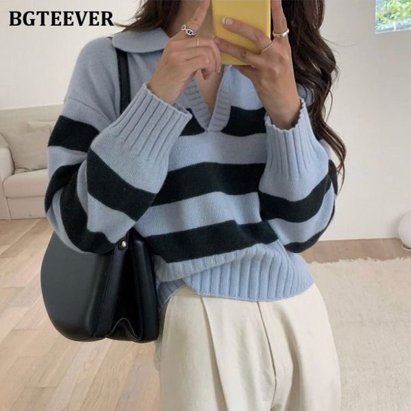 chic casual lapel knitted striped women sweater 2021 autumn winter ladies knitwear long sleeve loose female pullovers, White;black
chic casual lapel knitted striped women sweater 2021 autumn winter ladies knitwear long sleeve loose female pullovers, White;black