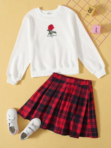 girls floral and letter print pullover & tartan skirt set she, White
girls floral and letter print pullover & tartan skirt set she, White
