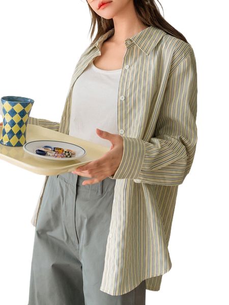 dazy-less striped print button up blouse 86hf#, White 
dazy-less striped print button up blouse 86hf#, White