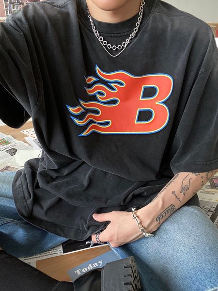 women's t-shirt designer chaopai 22 early spring new letter b flame heavy industry fried color washed old loose men's and women�, White
women's t-shirt designer chaopai 22 early spring new letter b flame heavy industry fried color washed old loose men's and women�, White