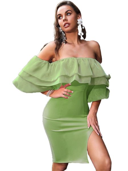 color block off shoulder ruffle trim lantern sleeve slit thigh bodycon dress l0qt#, Black;gray
color block off shoulder ruffle trim lantern sleeve slit thigh bodycon dress l0qt#, Black;gray