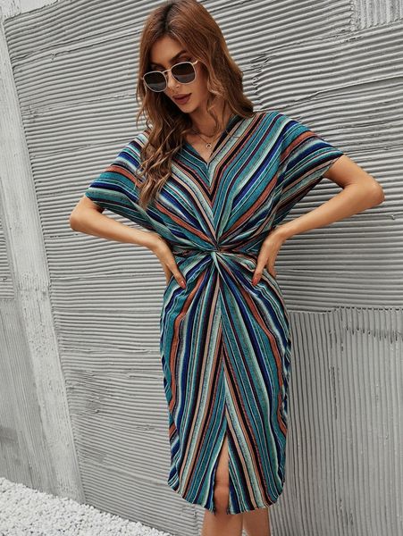 striped batwing sleeve twist front slit hem dress w4qo#, Black;gray 
striped batwing sleeve twist front slit hem dress w4qo#, Black;gray