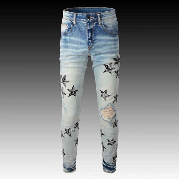 men's jeans high end high street fashion brand printed star leather patch hole light color elastic slim skinny tivt, Blue
men's jeans high end high street fashion brand printed star leather patch hole light color elastic slim skinny tivt, Blue