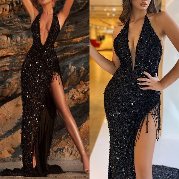 black sequined mermaid prom dresses luxury beading high side split v neck women gowns formal evening dress
black sequined mermaid prom dresses luxury beading high side split v neck women gowns formal evening dress