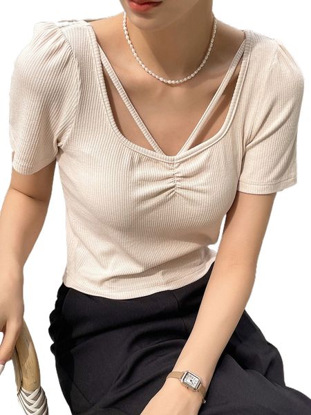 dazy puff sleeve ruched cut out front tee r3iq#, White 
dazy puff sleeve ruched cut out front tee r3iq#, White