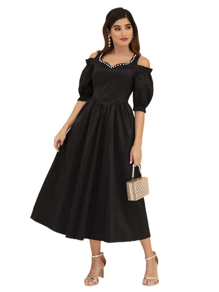 modely cold shoulder faux pearl frill trim dress b989#, Black;gray
modely cold shoulder faux pearl frill trim dress b989#, Black;gray