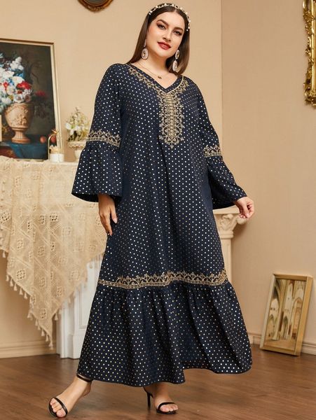 plus gold polka dot print embroidery flounce sleeve ruffle hem dress 49qy#, Black
plus gold polka dot print embroidery flounce sleeve ruffle hem dress 49qy#, Black